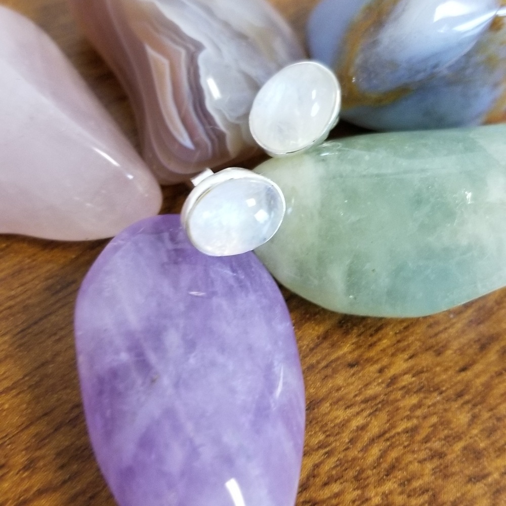 Oval rainbow moonstone earrings